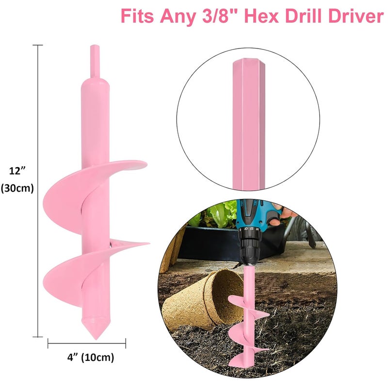 Genubi Industry Pretty Pink 4 x 12 Inch Auger Drill Bit for Planting, Garden Spiral Drill Bit Bulb Planter Drill Auger for Planting Bulb Flower, Bedding, Post or Umbrella Hole Digger for 3/8" Hex - Image 2